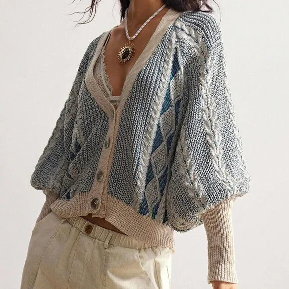 Blue Women's Lantern Sleeve Single-Breasted Casual Knit Cardigan - Picture 5 of 8